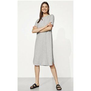 Gray Eileen Fisher shirt tail dress with elbow length sleeves